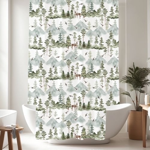 Rustic Pine Trees Deer Pattern Shower Curtain