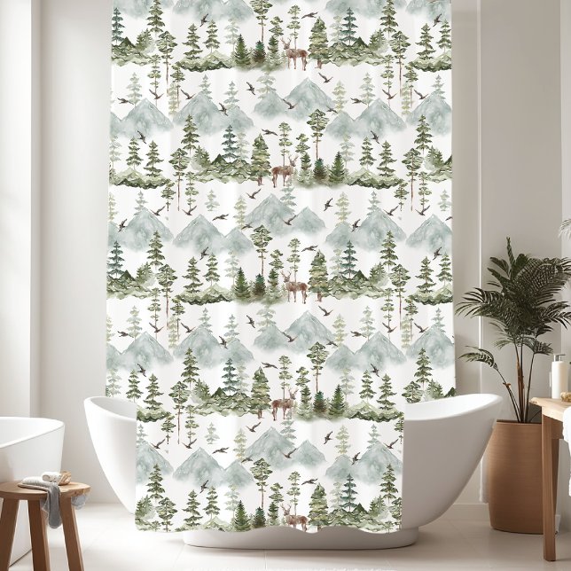 Rustic Pine Trees Deer Pattern Shower Curtain (Creator Uploaded)