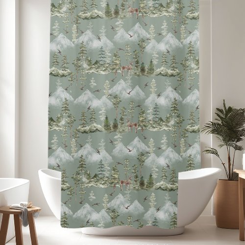 Rustic Pine Trees Deer Pattern Shower Curtain