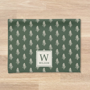 Rustic Pine Trees Family Name Monogram Christmas Kitchen Towel