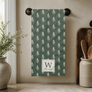 Rustic Pine Trees Family Name Monogram Christmas Kitchen Towel
