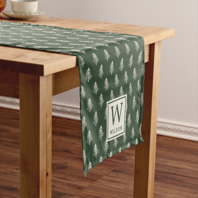 Rustic Pine Trees Family Name Monogram Christmas Short Table Runner (In Situ)