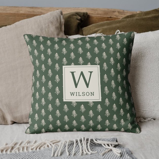 Rustic Pine Trees Family Name Monogram Christmas Throw Pillow (Creator Uploaded)