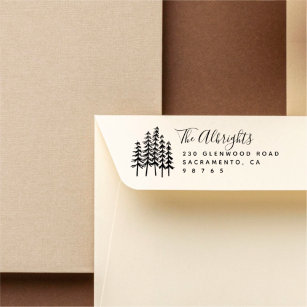Rustic Pine Trees & Family Signature Address Rubber Stamp