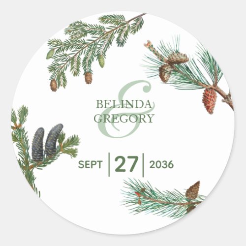 Rustic Pine Trees Forest Greenery Wedding Classic Round Sticker