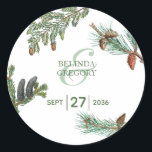 Rustic Pine Trees Forest Greenery Wedding Classic Round Sticker<br><div class="desc">A beautiful pine forest design with rustic pine branches,  pine cones and pine needles. An elegant wedding sticker with greenery ideal for any wedding theme. Matching wedding invitations and other stationery items are also available.</div>