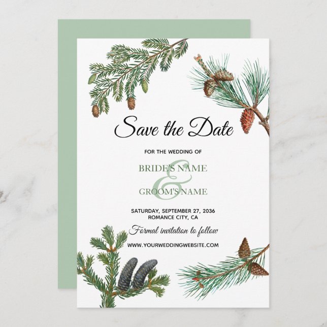 Rustic Pine Trees Forest Greenery Wedding  Save The Date (Front/Back)