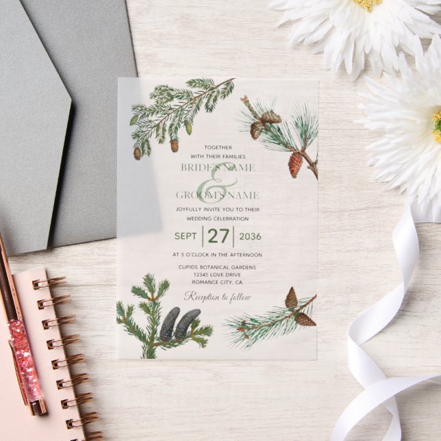 Rustic Pine Trees Forest Greenery Wedding Vellum Invitations (Wedding)