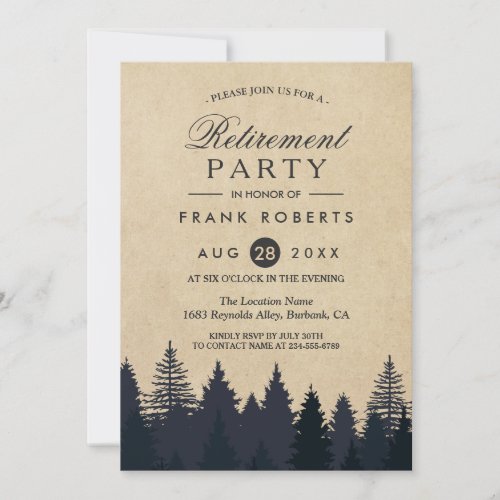 Rustic Pine Trees Forest Kraft Retirement Party Invitation