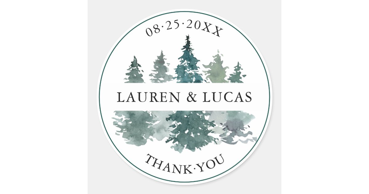 Rustic Pine Trees Forest Thank You Wedding Classic Round Sticker | Zazzle