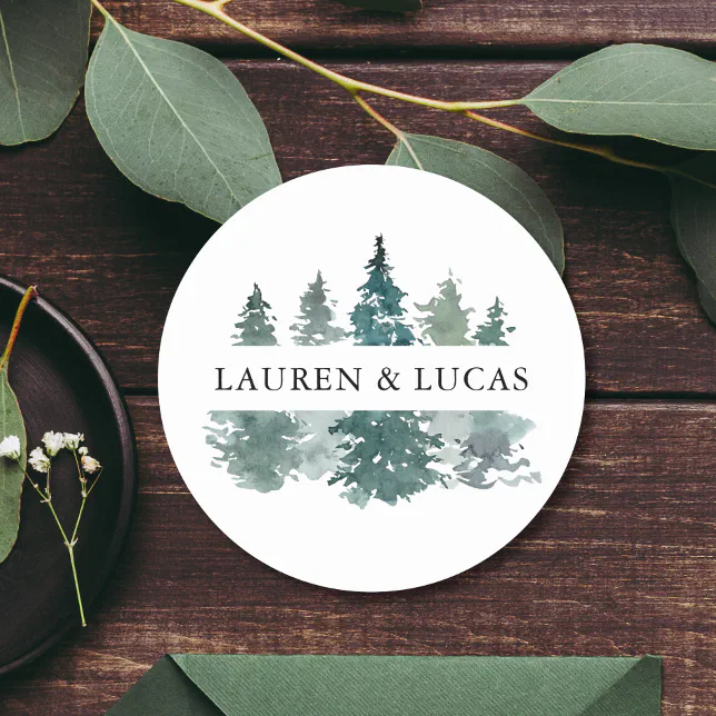 Rustic Pine Trees Forest Thank You Wedding Classic Round Sticker | Zazzle