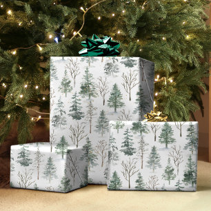 Rustic Pine Trees Forest Watercolor Winter Wrapping Paper Sheets