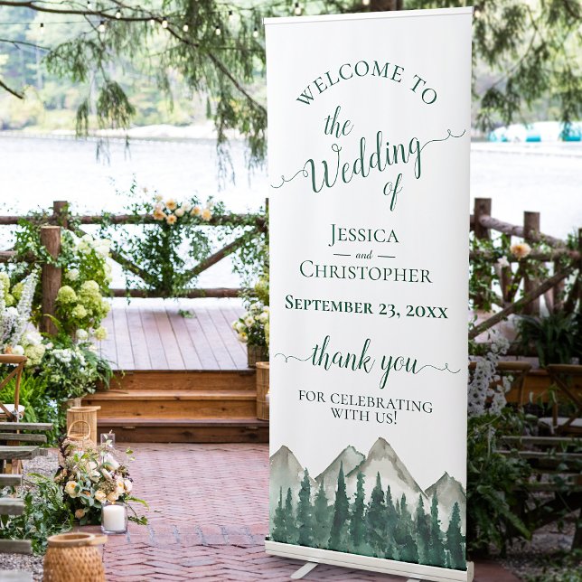 Rustic Pine Trees & Mountains Wedding Welcome Retractable Banner (Creator Uploaded)