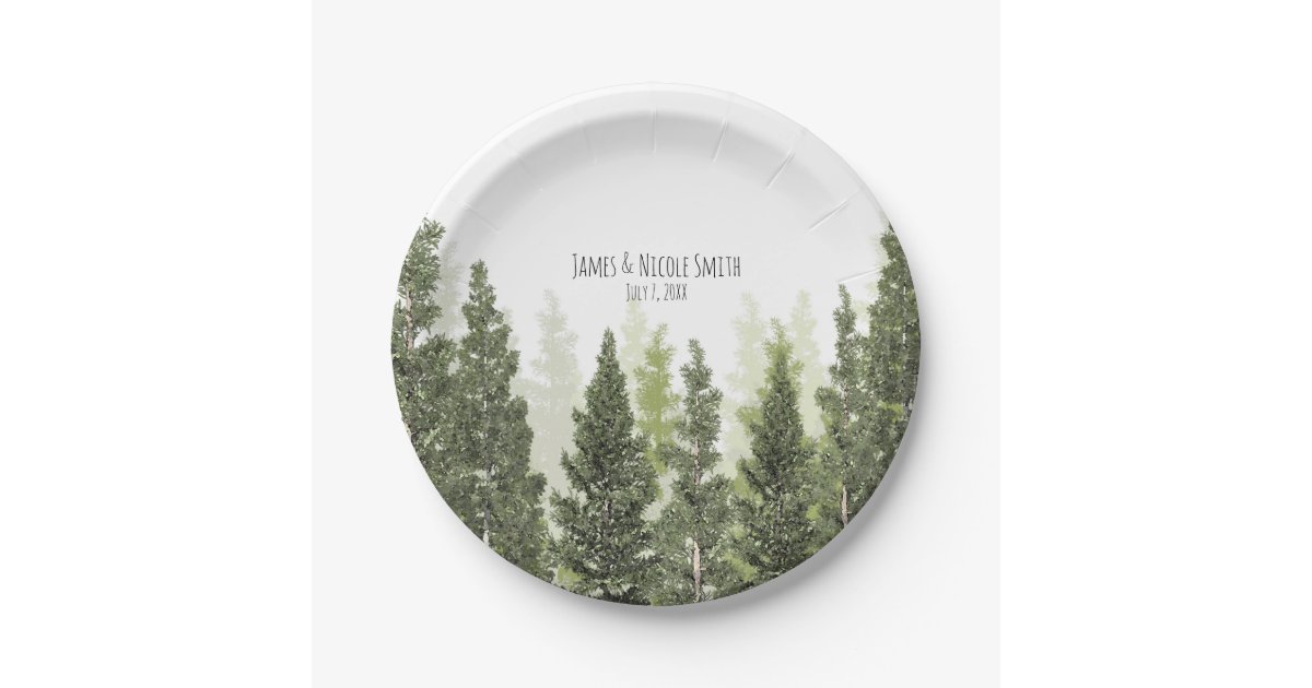 Rustic Pine Trees Simple Country Wedding Paper Plate