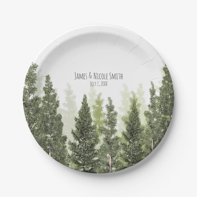 Rustic Pine Trees Simple Country Wedding Paper Plates (Front)