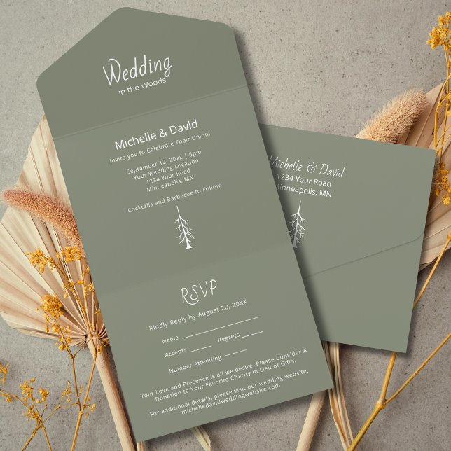 Rustic Pine Trees Simple Sage Green Wedding  All In One Invitation (Creator Uploaded)