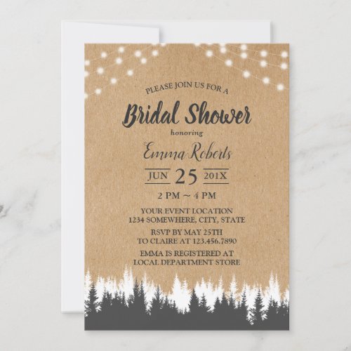 Rustic Pine Trees  String Lights Bridal Shower Invitation