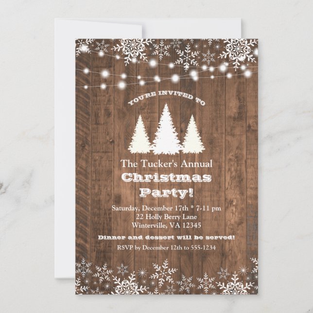 Rustic Pine Trees & String Lights Christmas Party Invitation (Front)