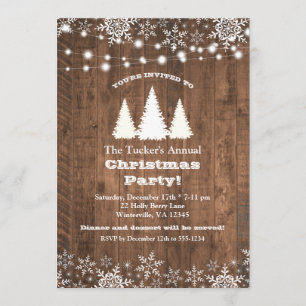 Rustic Pine Trees & String Lights Christmas Party Invitation