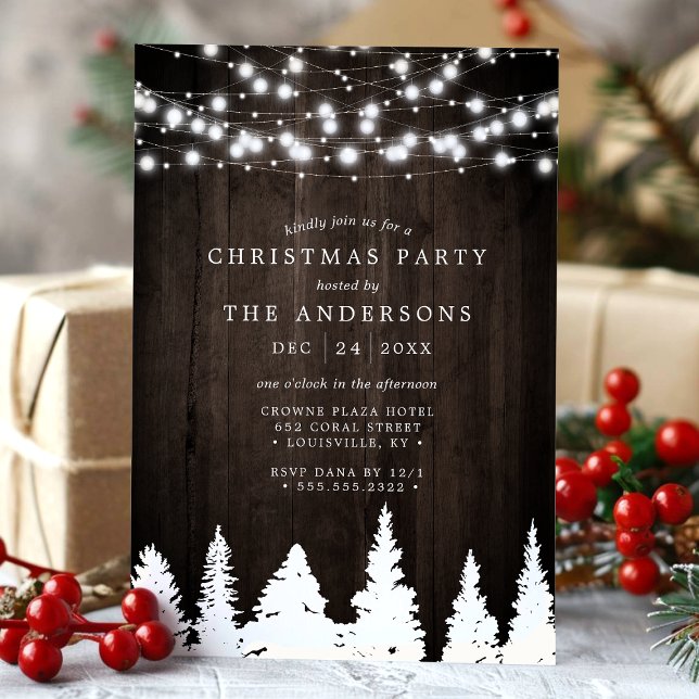 Rustic Pine Trees String Lights Christmas Party Invitation (Creator Uploaded)