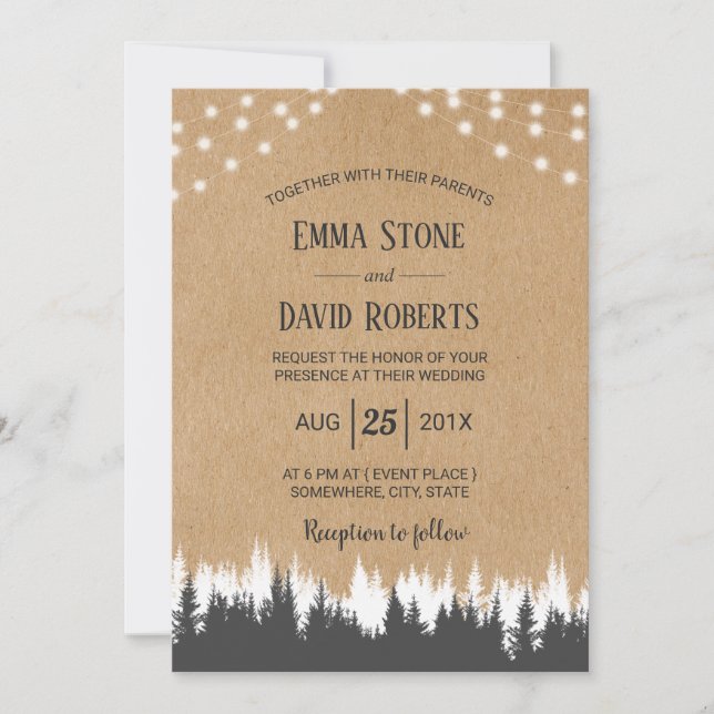 Rustic Pine Trees & String Lights Forest Wedding Invitation (Front)