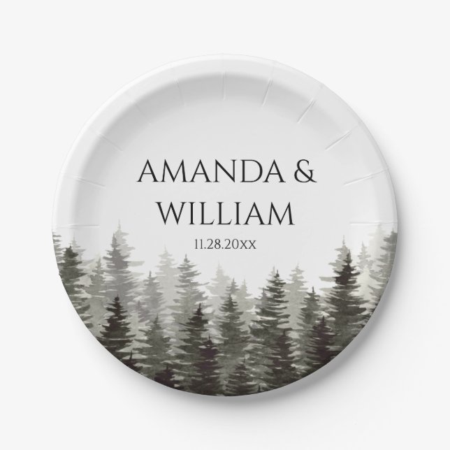 Rustic Pine Trees Wedding  Paper Plates (Front)