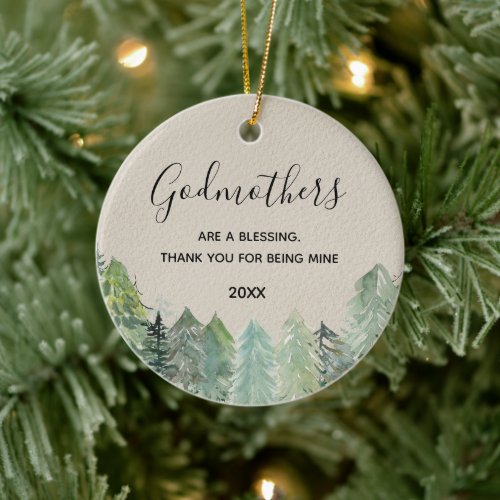 Rustic Pine Trees Winter Forest Godmothers Ceramic Ornament