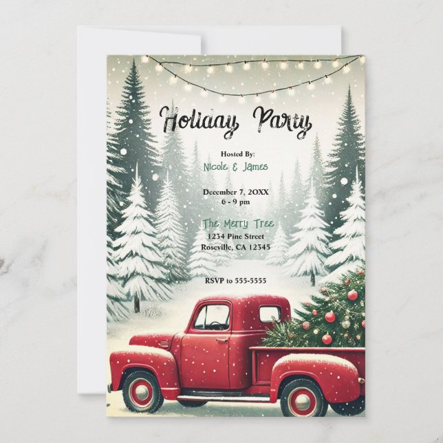 Rustic Pine Trees Winter Red Truck Christmas Party Invitation (Front)