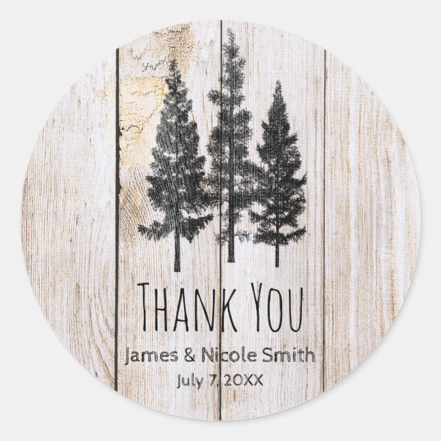 Rustic Pine Trees Wooden Simple Country Wedding Classic Round Sticker (Front)