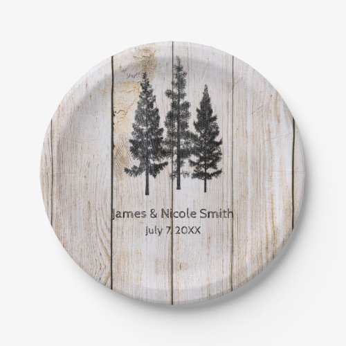 Rustic Pine Trees Wooden Simple Country Wedding Paper Plates