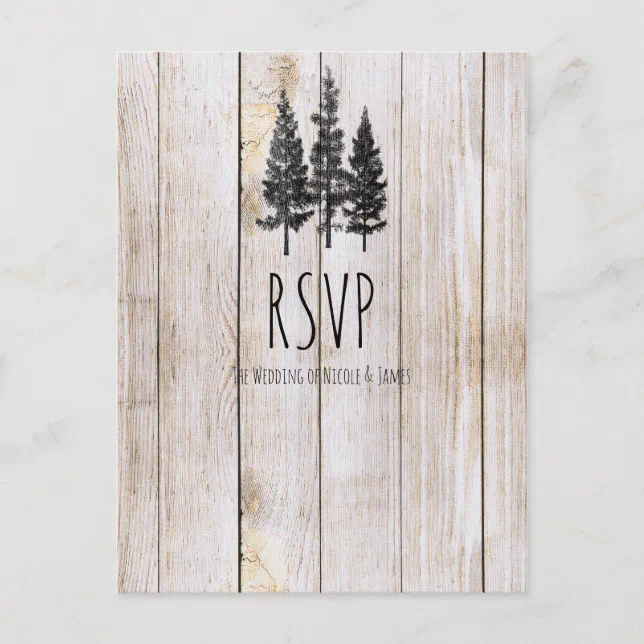Rustic Pine Trees Wooden Simple Wedding RSVP Invitation Postcard | Zazzle