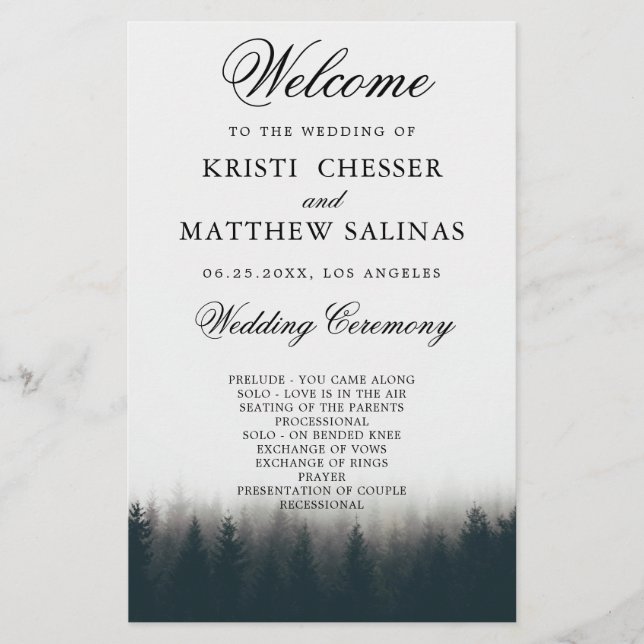 Rustic Pine Trees Woodland Wedding Program Card (Front)
