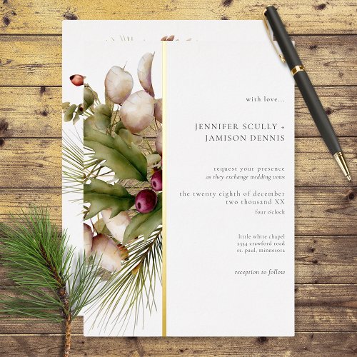Rustic Pine Winter Bouquet Wedding Foil Invitation