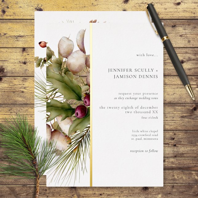 Rustic Pine Winter Bouquet Wedding Foil Invitation (Also available with a deep red line instead of gold foil.)