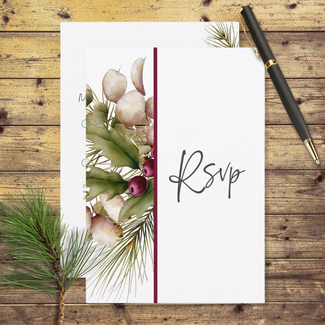 Rustic Pine Winter Bouquet Wedding RSVP Card (Creator Uploaded)