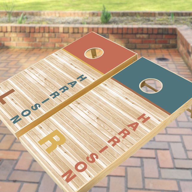 Rustic Pine Wood Family Name Monogram Earthy Cornhole Set (Creator Uploaded)