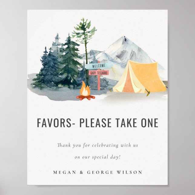 Rustic Pine Woods Camping Favors Baby Shower Sign (Front)