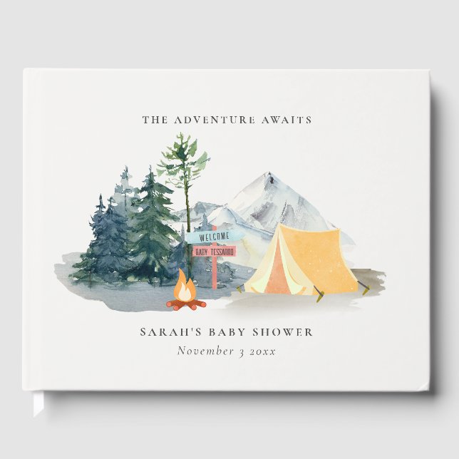 Rustic Pine Woods Camping Mountain Baby Shower Guest Book (Front)