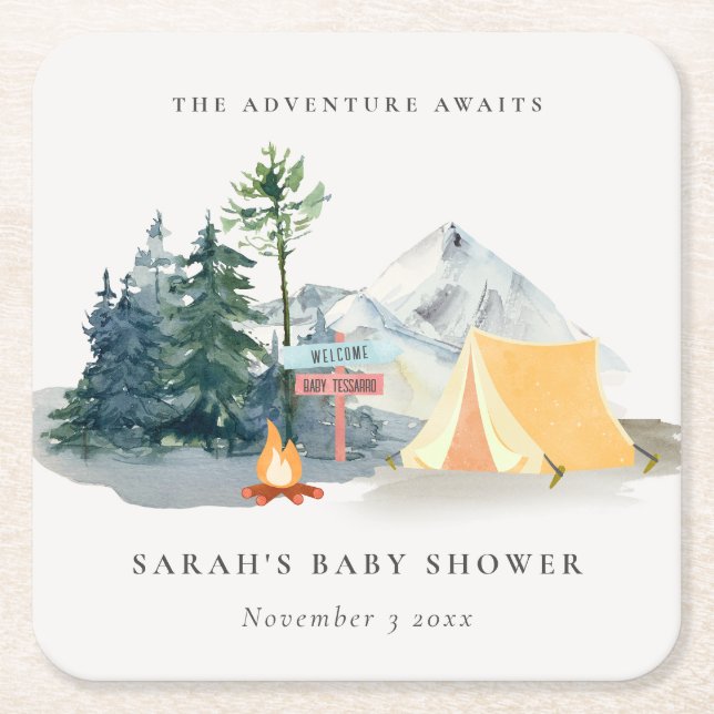 Rustic Pine Woods Camping Mountain Baby Shower Square Paper Coaster (Front)