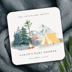 Rustic Pine Woods Camping Mountain Baby Shower Square Paper Coaster