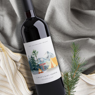 Rustic Pine Woods Camping Mountain Baby Shower Wine Label