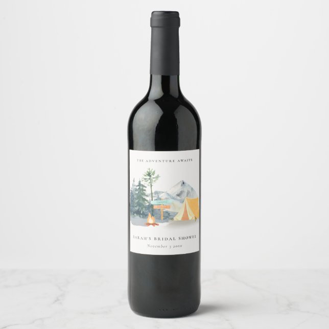 Rustic Pine Woods Camping Mountain Bridal Shower Wine Label (Front)