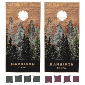 Rustic Pine Woods Custom Wedding Family Name Cornhole Set