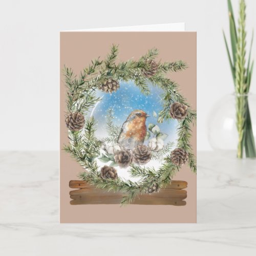 Rustic Pine Wreath and Bird Snow Globe Christmas Card
