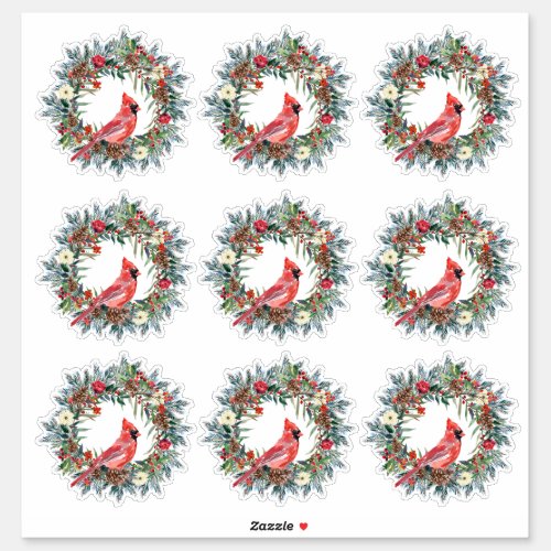 Rustic Pine Wreath Cardinal Christmas Gift Wrap Sticker