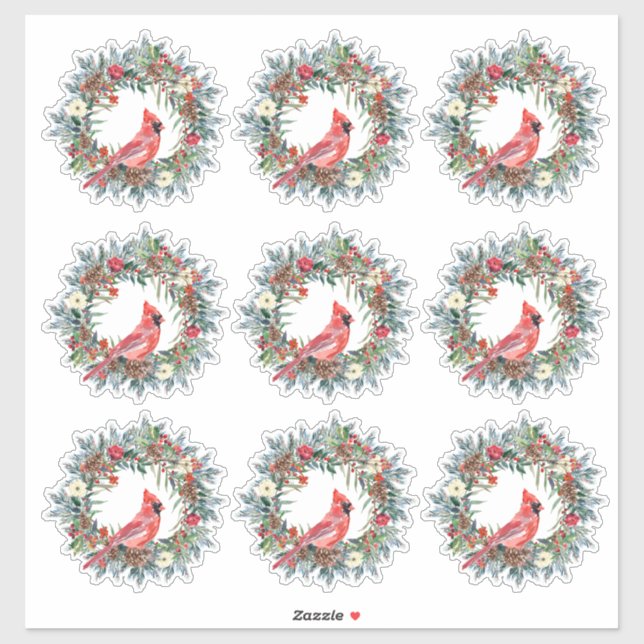 Rustic Pine Wreath Cardinal Christmas Gift Wrap Sticker (Sheet)