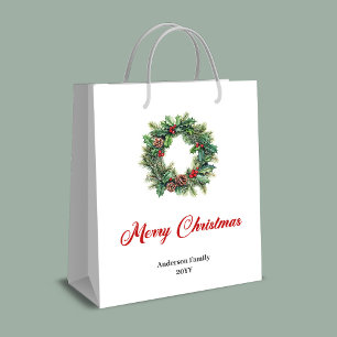 Rustic pine wreath Christmas gift bag custom