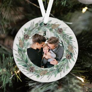 Rustic Pine Wreath Merry Christmas Family Photo Metal Ornament