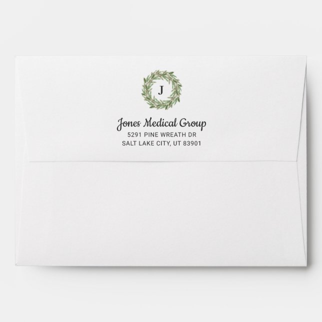 Rustic Pine Wreath Monogram Holiday Return Address Envelope (Back (Top Flap))