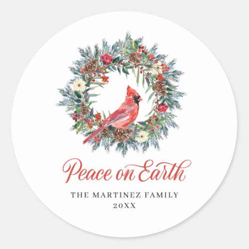 Rustic Pine Wreath Red Cardinal Christmas Classic Round Sticker